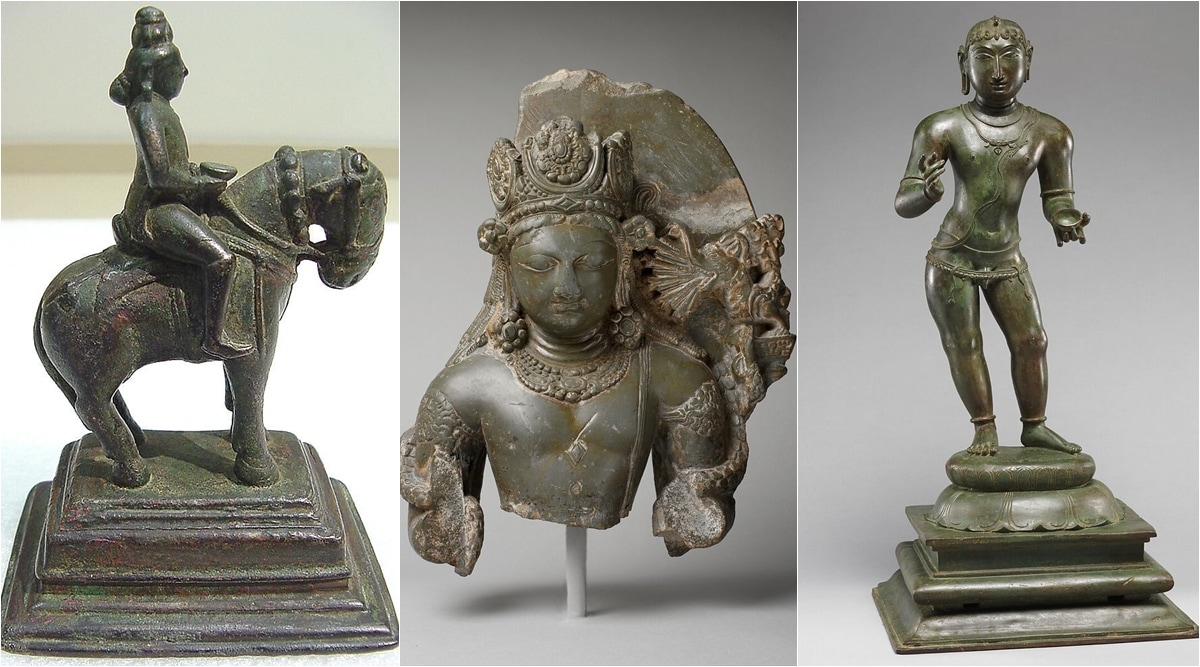 (L-R) The God Revanta 10th century, bronze, late Chalukyan,  Karnataka /Andhra; Kamadeva, the God of Love 8th century, stone, early medieval Kashmir; Child Saint Sambandar - late 11th century, copper alloy, Chola period
