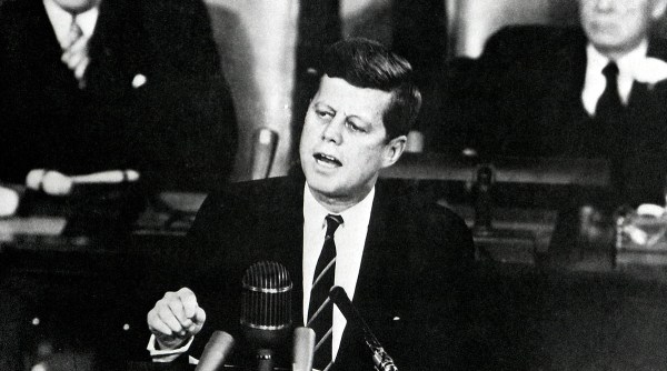 John F Kennedy urging congress to support the Apollo mission.