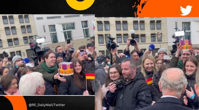 King Charles offered a paper Burger King crown during walkabout in Germany