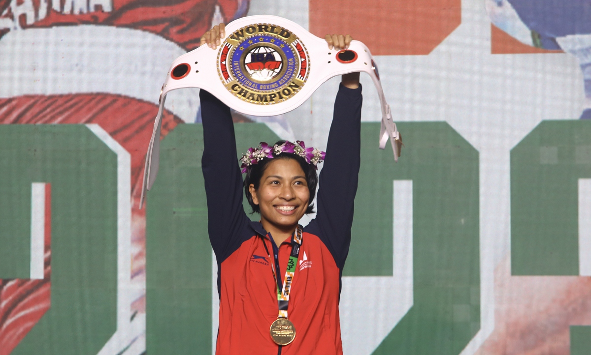 Lovlina Borgohain after her win in the 75-kg category. (Express photo by Abhinav Saha)