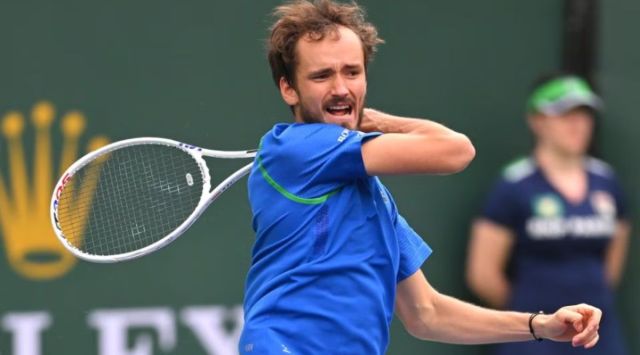 Daniil Medvedev (RUS) hits a shot as he defeated Alexander Zverev (GER) in the fourth round of the BNP Paribas Open at the Indian Wells Tennis Garden. (Reuters)