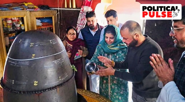People's Democratic Party (PDP) president Mehbooba Mufti offers prayers at Navagraha temple in Poonch district, March 15, 2023