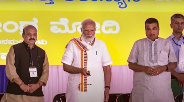 Prime Minister Narendra Modi inaugurates the Bengaluru-Mysuru Expressway and other developmental projects, in Mandya district, Sunday, March 12, 2023. Union Minister for Road Transport & Highways Nitin Gadkari and Karnataka Chief Minister Basavaraj Bommai are also seen. (PTI Photo)