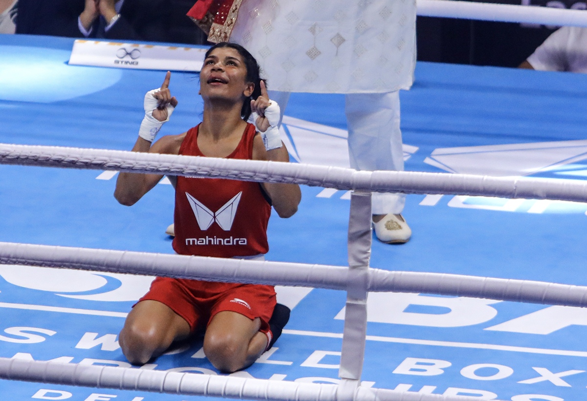 Nikhat Zareen after winning the 50-kg category gold at the World Boxing Championships Sunday.