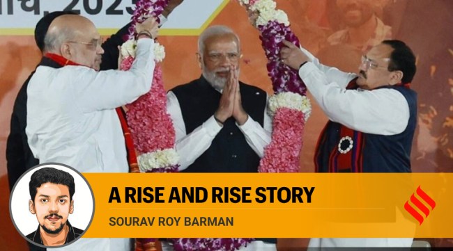 Prime Minister Narendra Modi with BJP President J P Nadda and Union Minister Amit Shah during the victory celebrations at the BJP HQ in New Delhi, after the party's good performance in Nagaland, Tripura and Meghalaya Assembly polls. (Express photo by Amit Mehra) 
