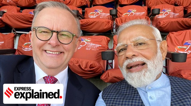 Indian PM Narendra Modi Australian PM Anthony Albanese at the Narendra Modi Stadium in Ahmedabad, Gujarat.