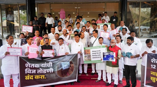 Leader of the Opposition in Maharashtra Legislative Assembly Ajit Pawar with Maha Vikas Aghadi MLAs during a protest against the Maharashtra government over hike in the price of LPG cylinder and other issues during Budget Session of Maharashtra Assembly. (PTI)
