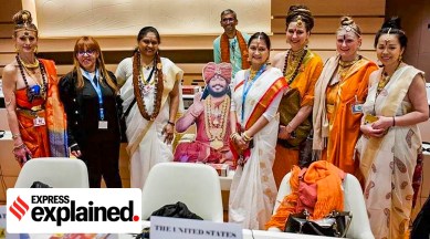 Representatives of the so-called "United States of Kailasa", founded by India fugitive Nithyananda, at the UN Human Rights office in Geneva last week.