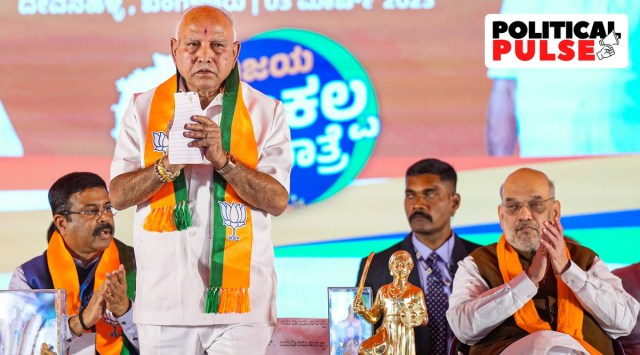 Union Home Minister Amit Shah and former Karnataka chief minister BS Yediyurappa during the launch of the Vijay Sankalp Yatra and public meeting at Devanahalli near Bengaluru, March 3, 2023. (PTI)