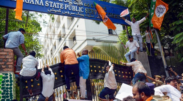 BJYM supporters protest over the group 1 preliminary exam paper leak, at TSPSC in Hyderabad. (PTI)