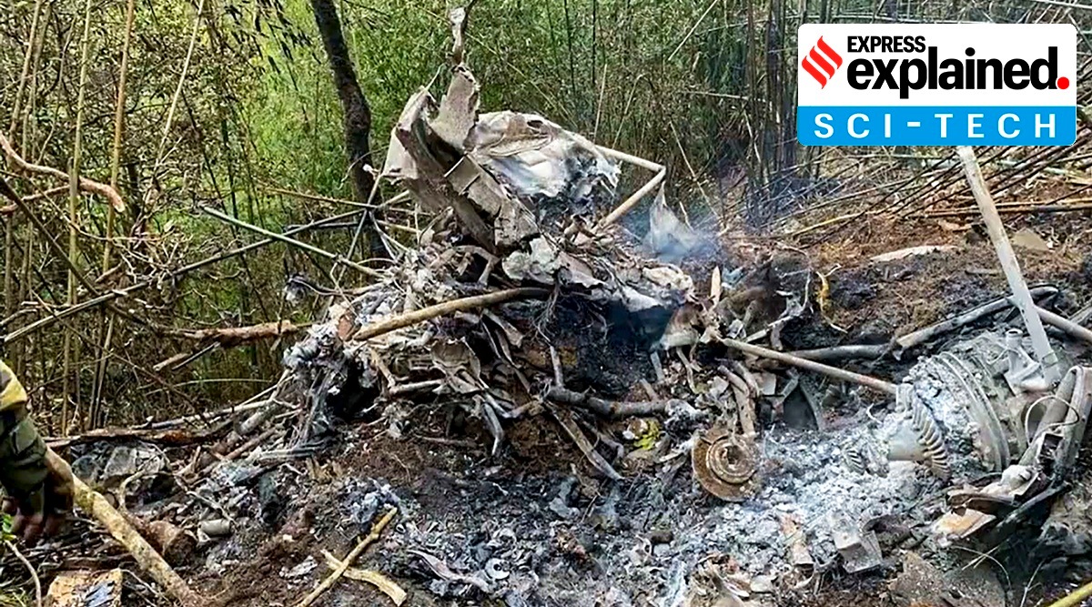 Wreckage of the Cheetah helicopter of the Indian Army which crashed near Mandala in West Kameng district, Thursday, March 16, 2023.