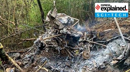 Wreckage of the Cheetah helicopter of the Indian Army which crashed near Mandala in West Kameng district, Thursday, March 16, 2023.