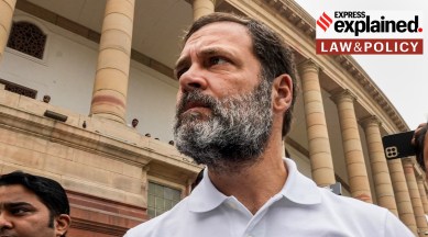 Rahul Gandhi outside Parliament in Delhi.