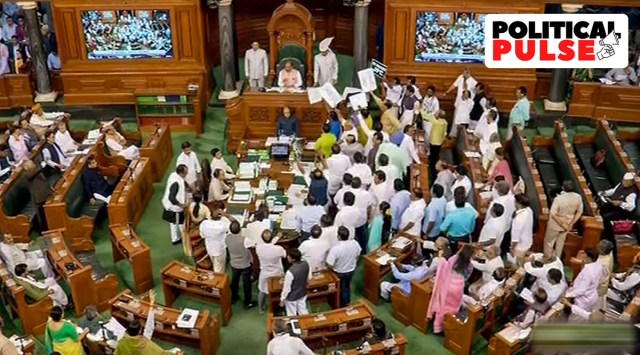 On Wednesday, as soon as the Lok Sabha assembled, Opposition members stormed into the Well, carrying placards that stated “Save SBI, Save LIC” and shouting slogans, asking the Prime Minister to answer. (PTI)