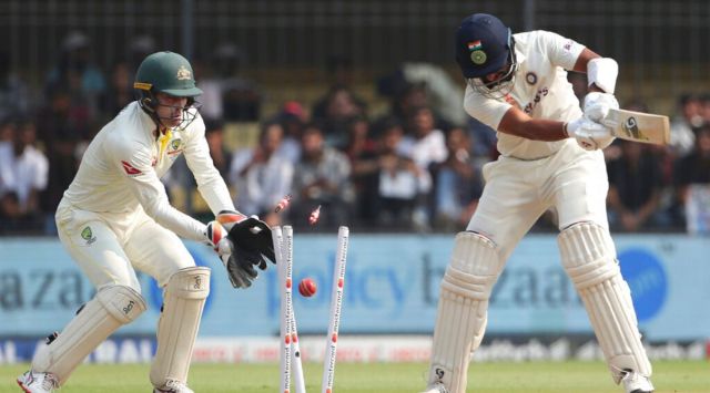 India's Cheteshwar Pujara is bowled out during the first day of third cricket test match between India and Australia in Indore, India, Wednesday, March 1, 2023. (AP Photo/Surjeet Yadav)