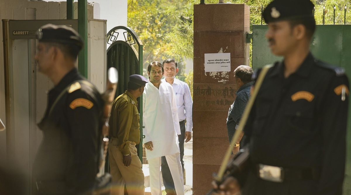 RJD MLA Tej Pratap at Rabri Devi’s residence in Patna on Monday. (PTI)