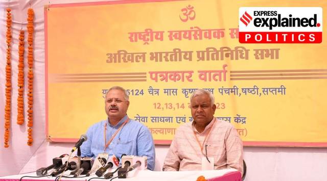 Sunil Ambekar (left), the All-India Prachar Pramukh of the RSS, and Haryana Prant Sanghchalak Pawan Jindal hold a press conference on Friday at Samalkha,  where this year’s meet will be held. (Twitter/@RSSorg)