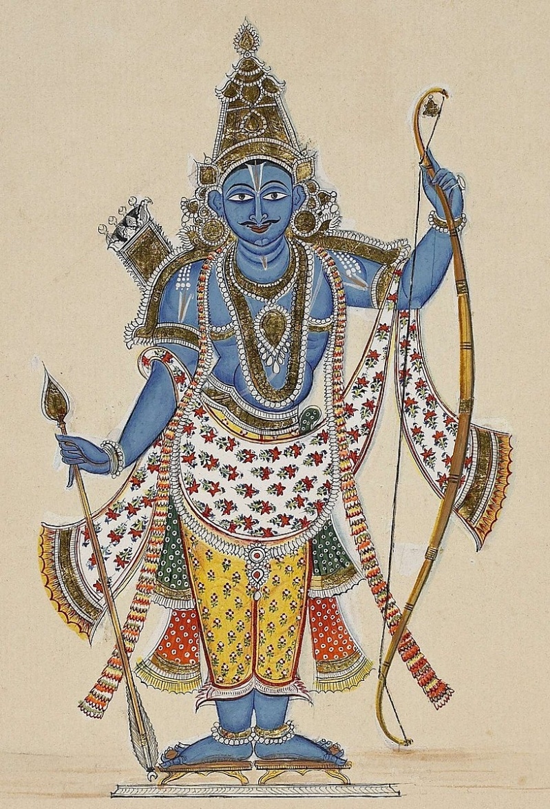 Rama is depicted blue-skinned and carrying a strung bow with a quiver full of arrows on his back and a single arrow in his right hand 