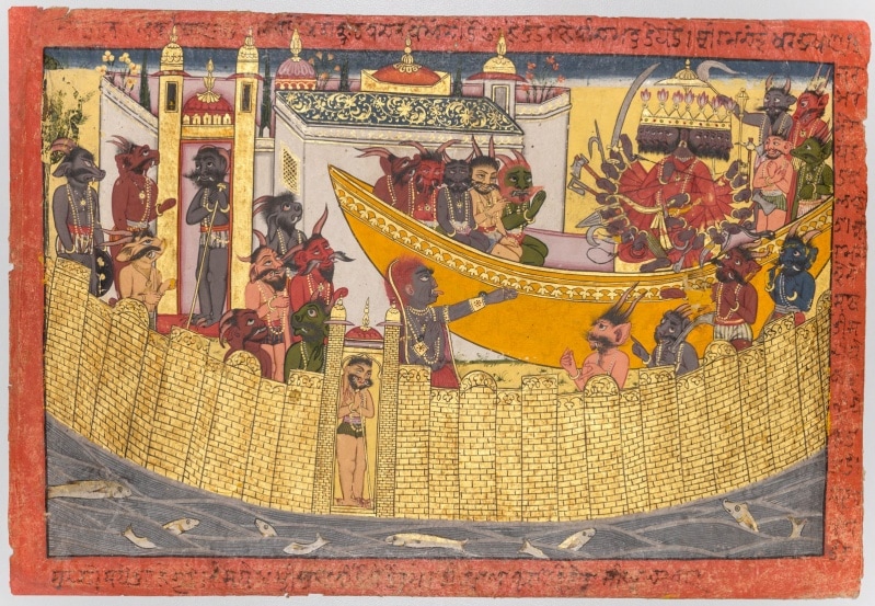 Ravana's sister complains that her nose was cut off by Lakshmana as the demons prepare to depart to capture Sita, from the “Shangri” Ramayana