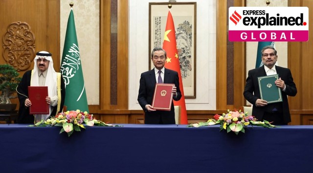 Wang Yi (centre), a member of the Political Bureau of the Communist Party of China (CPC) Central Committee, Ali Shamkhani (right), the secretary of Iran’s Supreme National Security Council, and Minister of State and national security adviser of Saudi Arabia Musaad bin Mohammed Al Aiban pose for pictures during a meeting in Beijing, China, March 10, 2023, marking a China-brokered deal for normalising ties between Saudi Arabia and Iran.