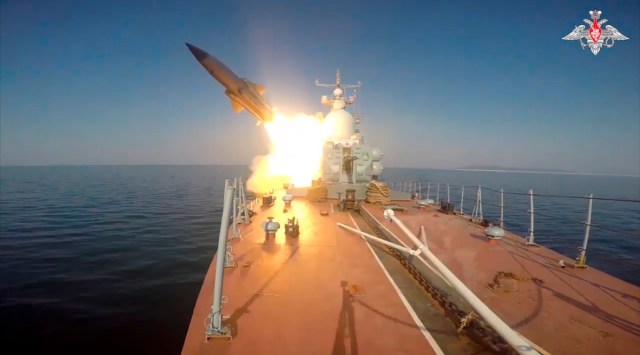 A Russian navy boat launches an anti-ship missile test in the Peter The Great Gulf in the Sea of Japan. Russia's Defense Ministry says Moscow has test-fired anti-ship missiles in the Sea of Japan. (Russian Defense Ministry Press Service via AP)