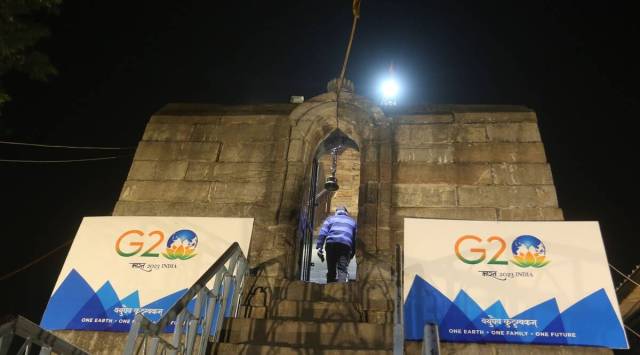 The G20 logo projected on the Shankaracharya temple in Srinagar. (Express photo by Shuaib Masoodi/File)