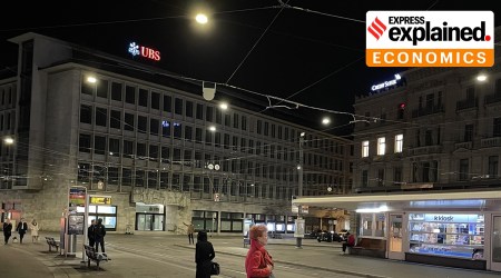 The headquarters of Swiss banks Credit Suisse (right) and UBS on Zurich’s Paradeplatz. (Express photo by Anil Sasi)