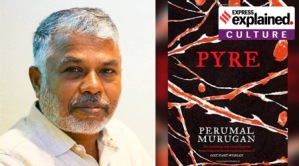 Author Perumal Murugan and a cover of his book 'Pyre'.