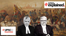 Painting of 'Troops of the Native Allies' shows fighting in a battle, photos of judges overlayed.