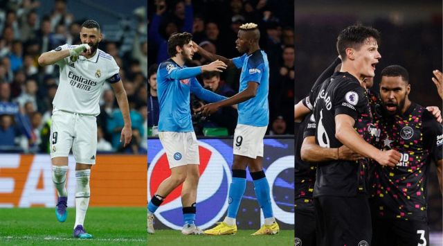 (L-R) Real Madrid's Karim Benzema celebrates scoring their first goal; Napoli's Victor Osimhen celebrates scoring their first goal with Khvicha Kvaratskhelia;  Brentford's Ivan Toney celebrates scoring their first goal with teammates. (Reuters)