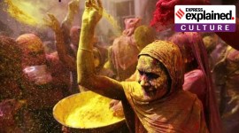 Widows playing Holi at the historic Gopinath Temple in 2018. (Express Photo by Gajendra Yadav)