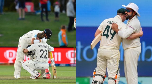 Neil Wagner celebrates winning the first Test vs Sri Lanka alongside Kane Williamson in Christchurch and Rohit Sharma hugs Steve Smith at the end of the fourth Test in Ahmedabad. (BLACKCAPS on Twitter/PTI) 