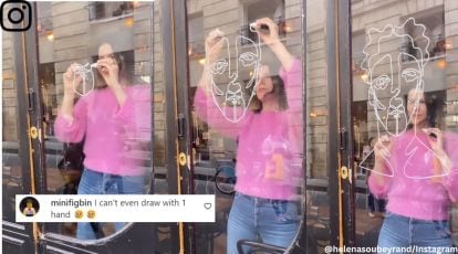 Video of ambidextrous woman drawing line portrait in Paris stuns