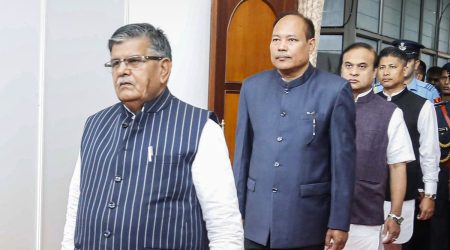 Assam Governor Gulab Chand Kataria with Chief Minister Himanta Biswa Sarma and Assam Legislative Assembly Speaker Biswajit Daimary arrives for the Budget Session of the Assembly, in Guwahati. (PTI)