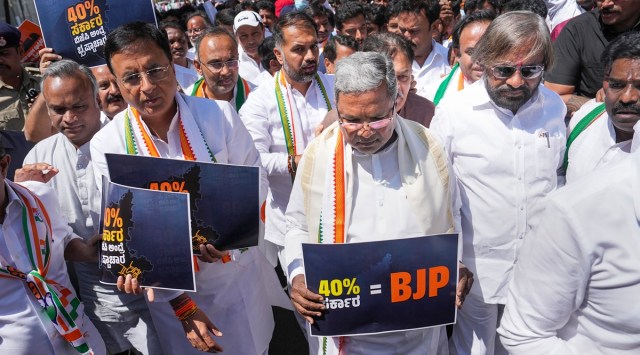 Former CM and senior Congress leader Siddaramaiah and Karnataka in-charge Randeep Singh Surjewala with other state leaders during a protest against the Karnataka government over alleged corruption, in Bengaluru, March 4, 2023. (PTI)
