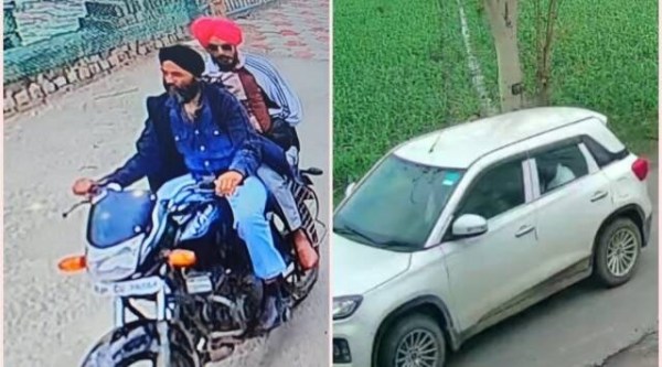Screengrab of a video showing Amritpal Singh on a bike in a village in Jalandhar and the Brezza car in which he escaped.
