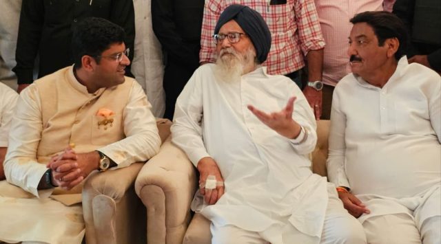 Haryana deputy CM Dushyant Chautala with SAD leader Parkash Singh Badal. (Express)