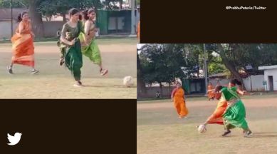 Women in Gwalior play football in saree