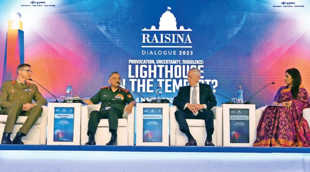 CDS General Anil Chauhan (centre)  along with former US Secretary of Defense General Jim Mattis and Australia’s Chief of Defence Force General Angus J Campbell at Raisina Dialogue in New Delhi on Friday. ANI