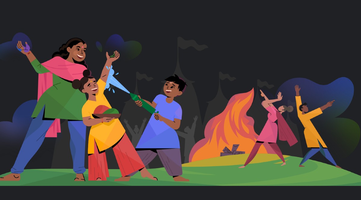 A cartoon of people celebrating Holi in 2023 (Image credit: Google India)