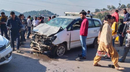 The damaged car at Dharampur in Solan, Tuesday. (Express Photo)
