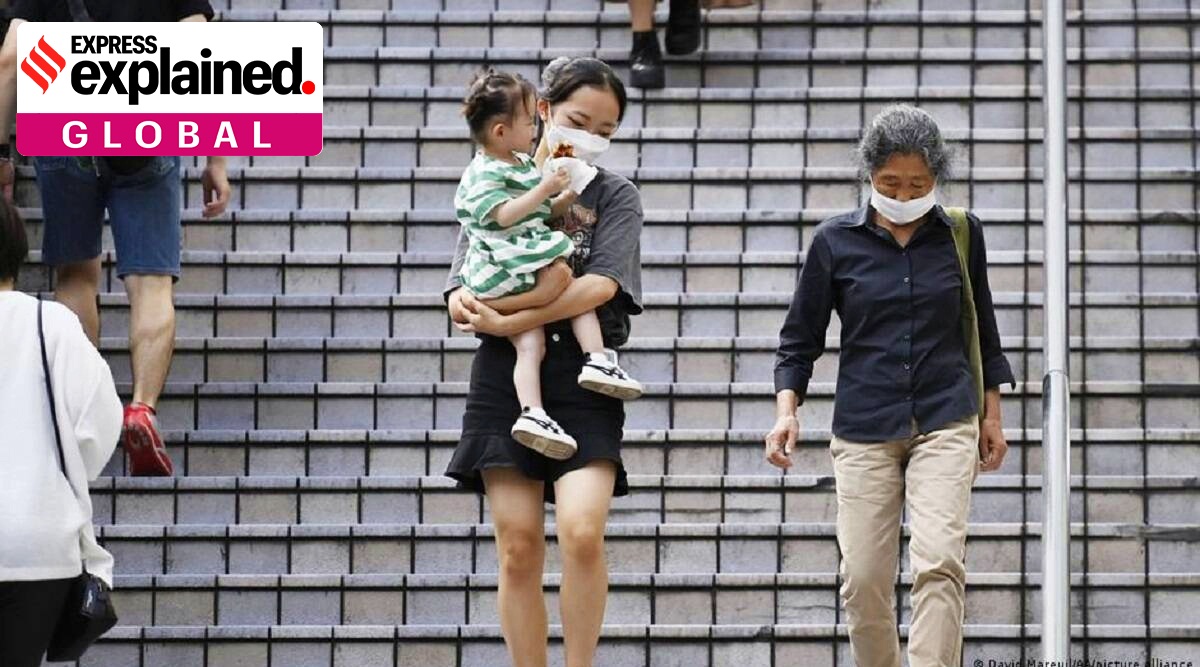 Japanese women and a child walking down stairs.