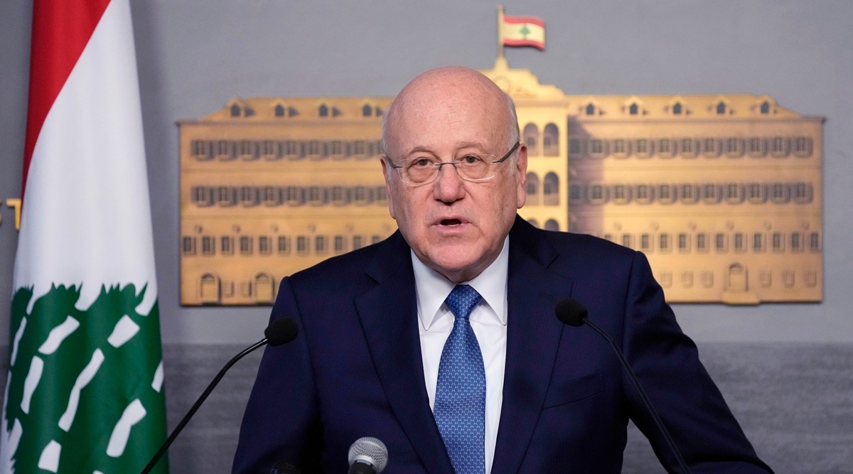 Lebanese caretaker Prime Minister Najib Mikati, speaks at the government palace, in Beirut, Lebanon, March 27, 2023. (AP)