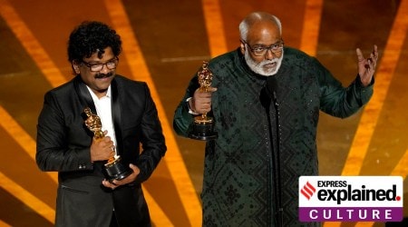 MM Keeravaani, right, and Chandrabose accept the award for best original song for 'Naatu Naatu' from 'RRR' at the Oscars on Sunday, March 12, 2023, at the Dolby Theatre in Los Angeles.