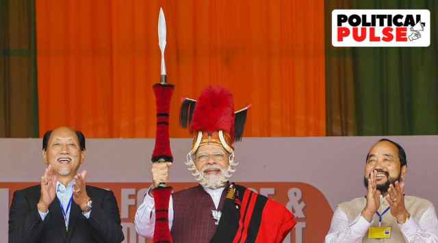 Prime Minister Narendra Modi with Nagaland Chief Minister Neiphiu Rio and Nagaland Home Minister Yanthungo Patton during a public rally ahead of Nagaland Legislative Assembly elections on Friday, Feb. 24, 2023. (Photo: PMO via PTI)