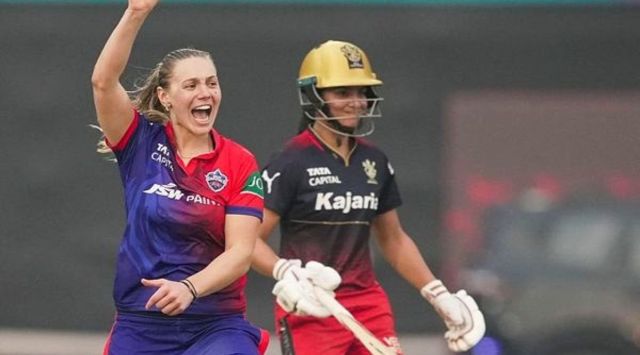 Mumbai: Delhi Capitals Tara Norris celebrates the wicket of Royal Challengers Bangalore Ellyse Perry during the 2023 Women's Premier League (WPL) Twenty20 cricket match between Delhi Capitals and Royal Challengers Bangalore at The Brabourne Stadium in Mumbai, Sunday, March 5, 2023. (PTI Photo/Kunal Patil)
