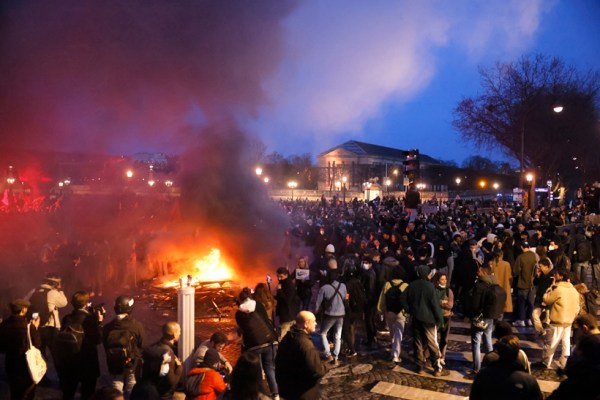 Pallets burn as protesters demonstrate at Concorde square near the National Assembly in Paris, March 16, 2023. (AP/PTI)