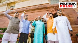 BJP MPs raise slogans during a protest against Congress MP Rahul Gandhi during the Budget Session of Parliament, in New Delhi, March 13, 2023. (PTI)