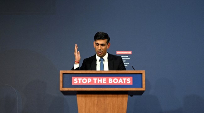 The proposed Bill was seconded by British Prime Minister Rishi Sunak, who later rose to a podium proclaiming “Stop the Boats”. (Reuters)