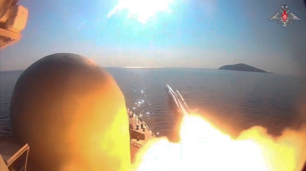 A Russian navy boat launches an anti-ship missile test in the Peter The Great Gulf in the Sea of Japan. (Russian Defense Ministry Press Service via AP)